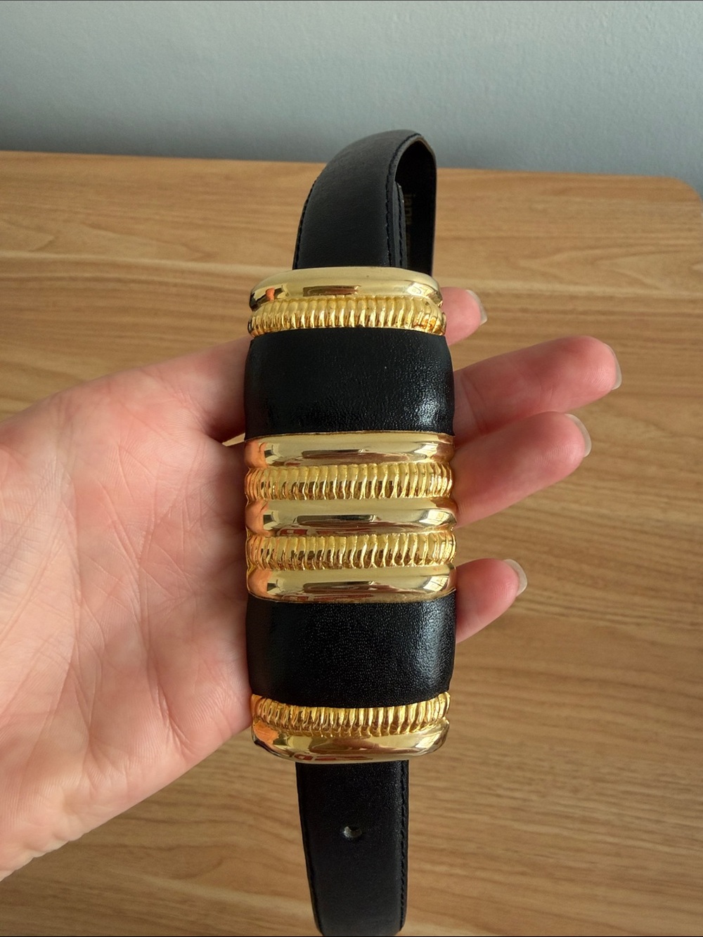 Black Leather Belt with Gold-tone Wrapped Accents